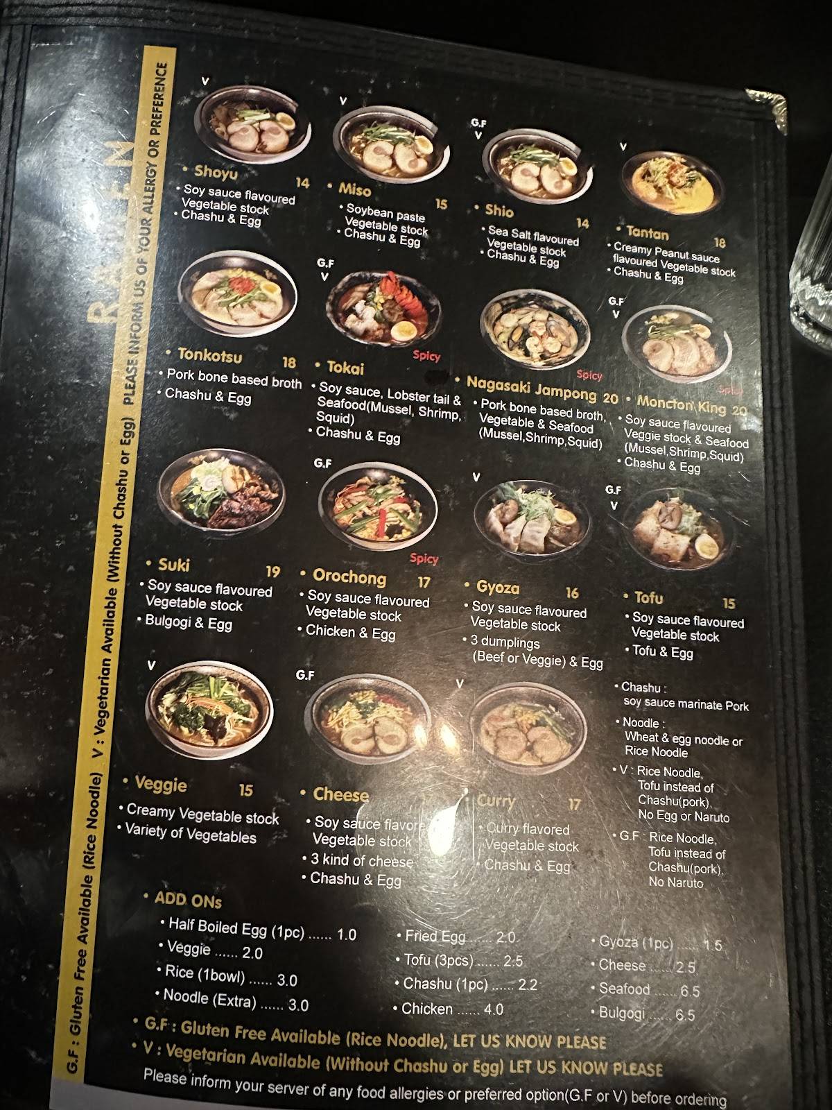 Menu de Tokai Ramen