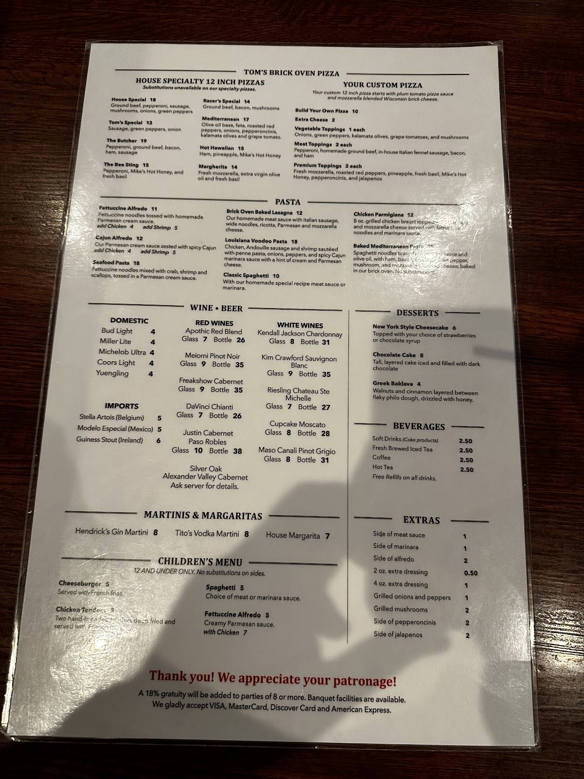 Menu at Tom's Grille steakhouse, Murray
