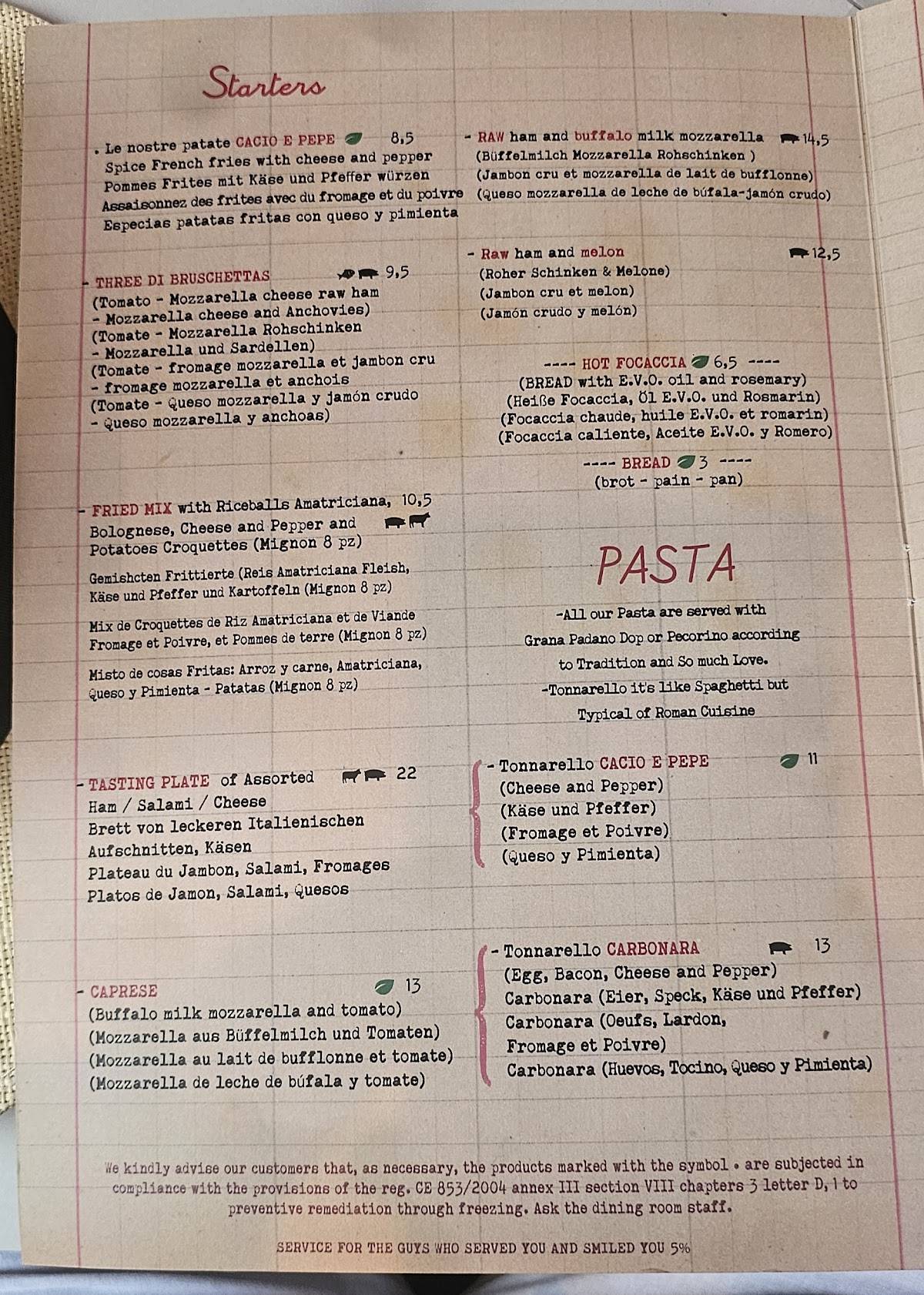 Menu di Tonnarello 