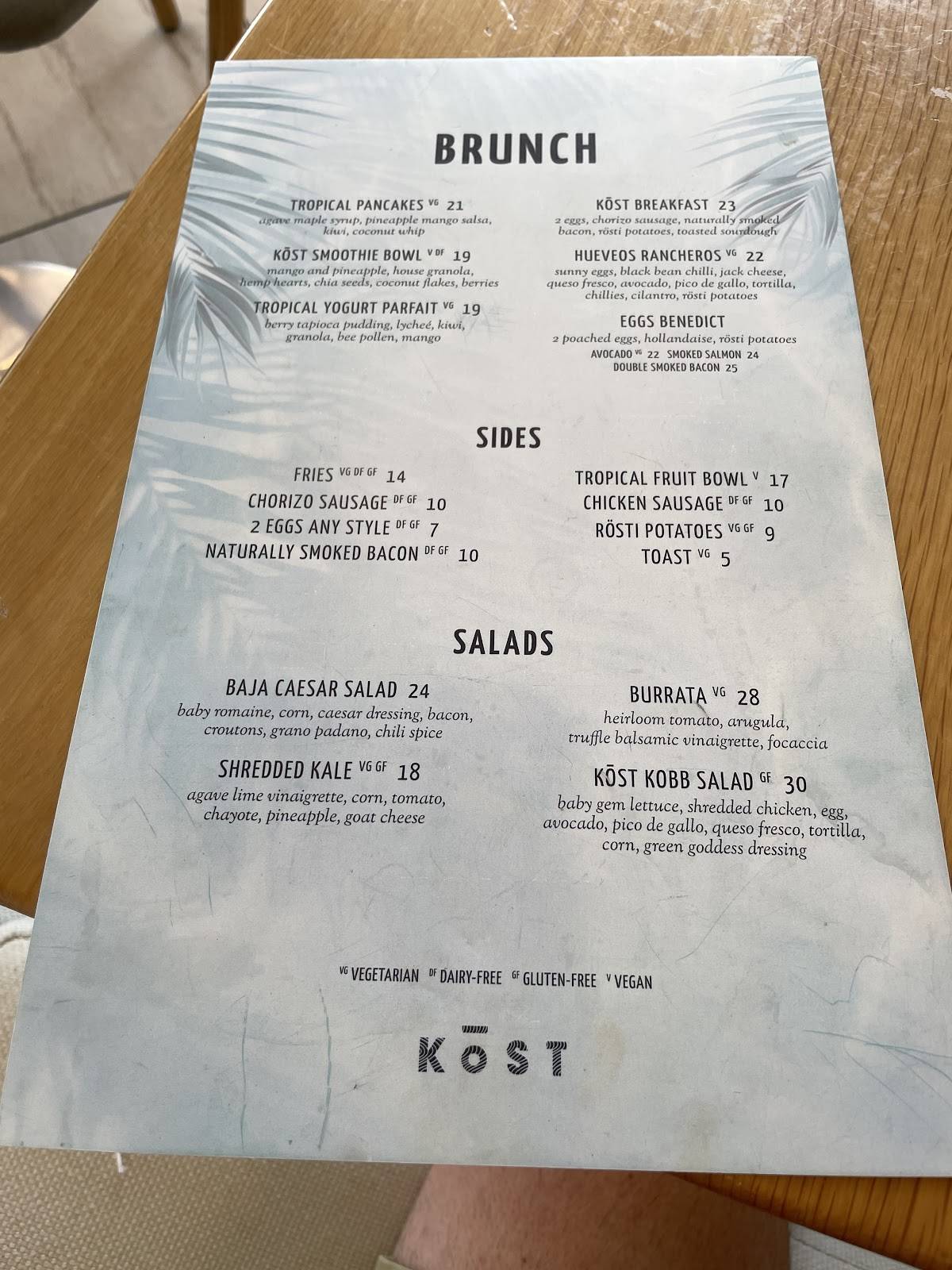 Menu de KŌST