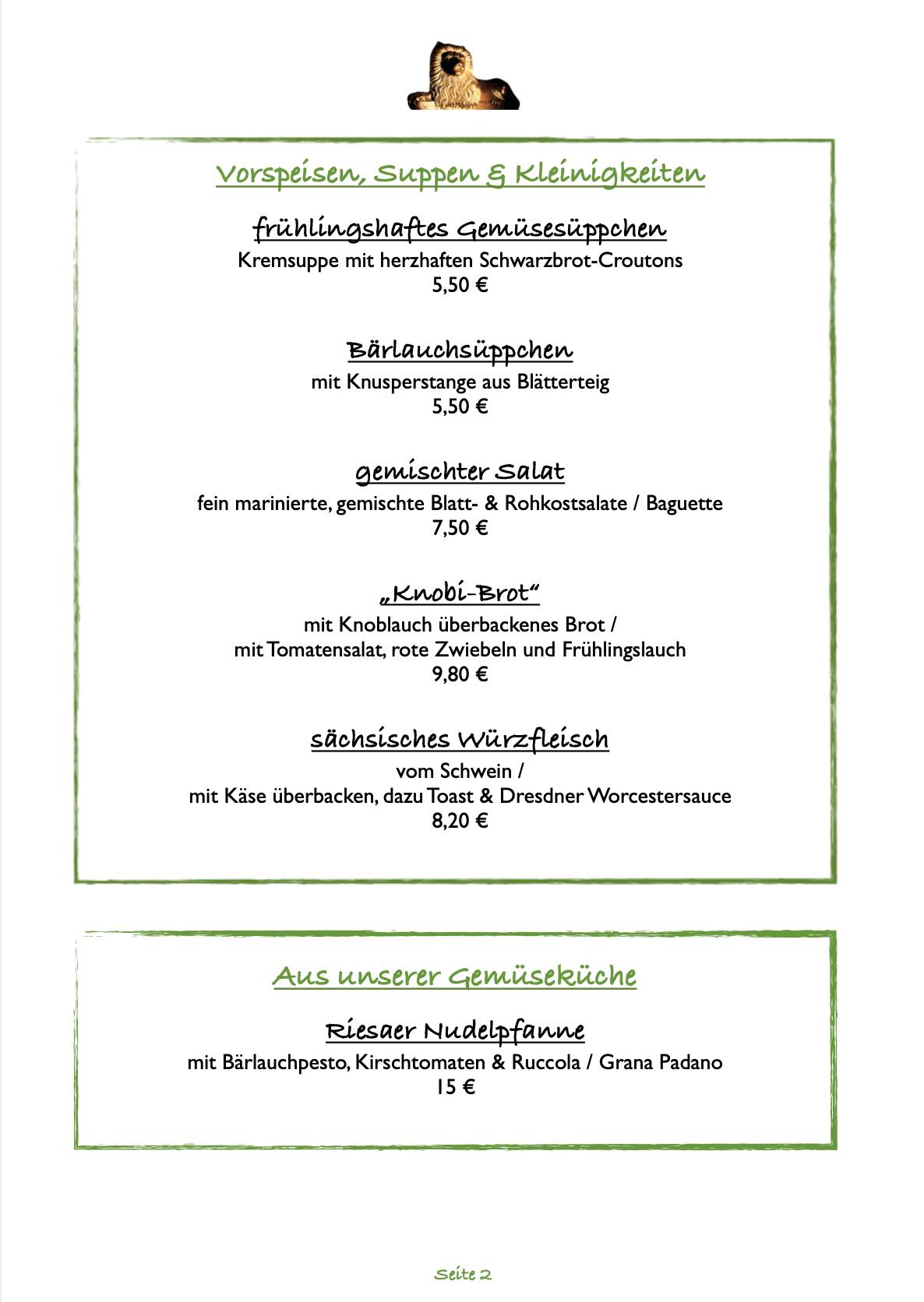 Menu de Gasthaus "Goldener Löwe" UG Riesa -Restaurant & Pension-