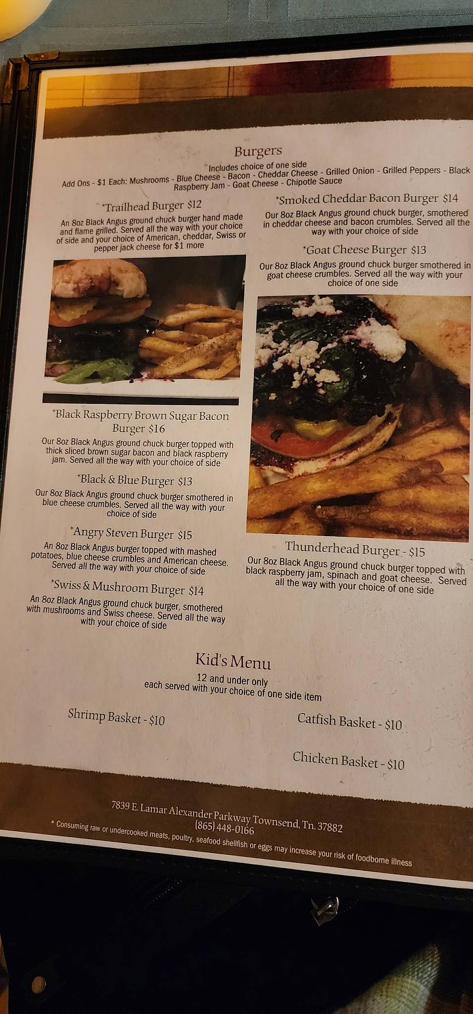 Menu at Trailhead Steak & Trout steakhouse, Townsend