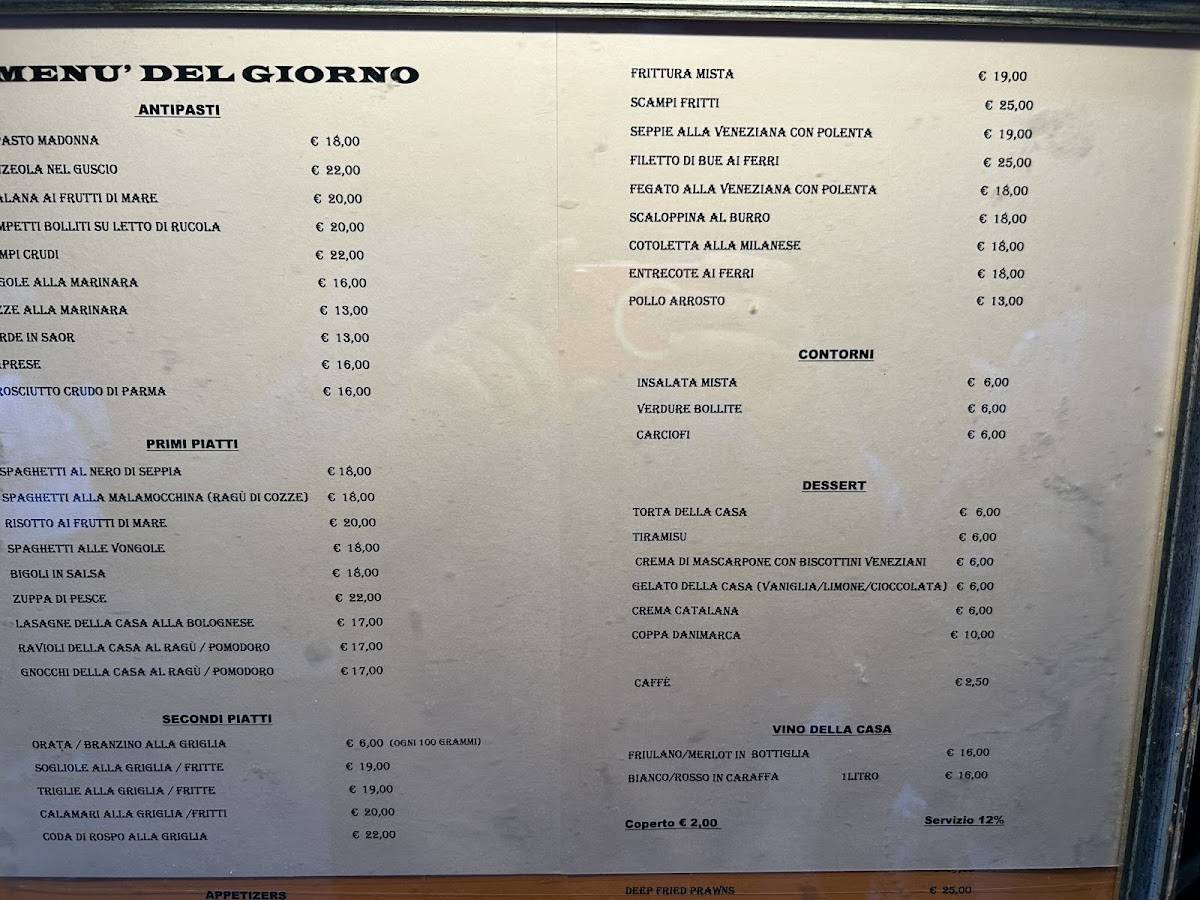 Menu at Trattoria alla Madonna restaurant, Venice, C. della Madonna, image size:1200x900