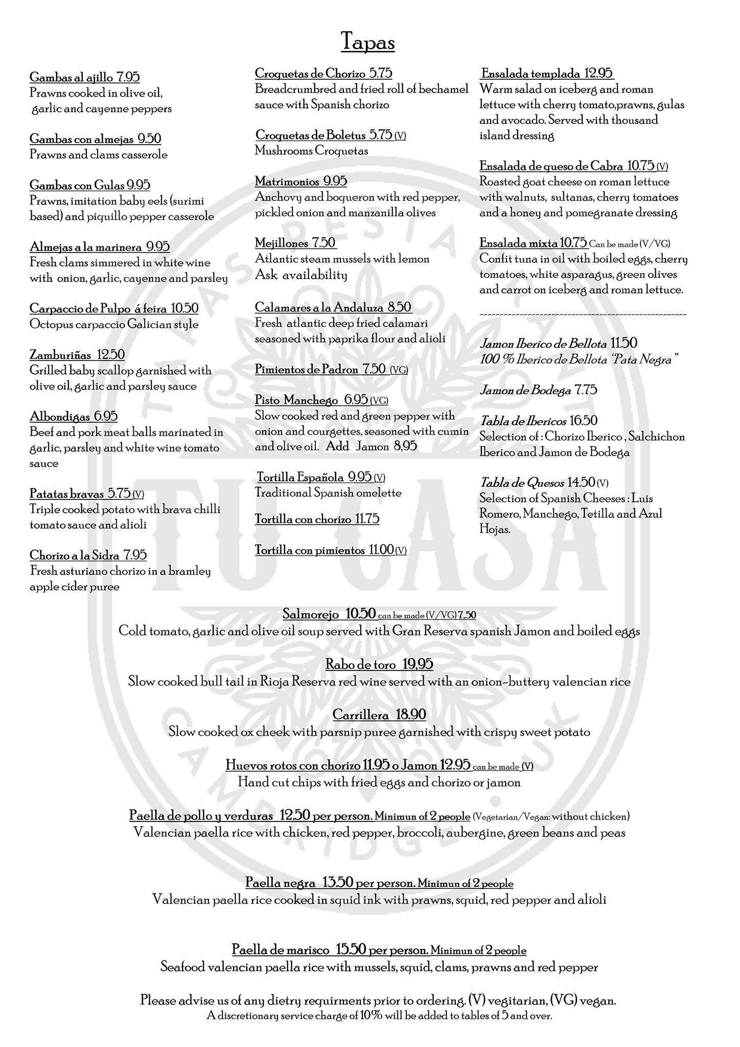 Menu at Tu Casa Tapas Restaurant, Cambridge