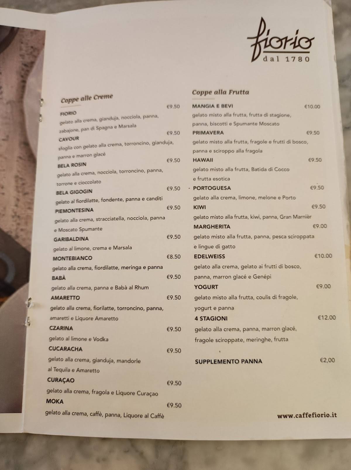 Menu di Caffè Gelateria Fiorio 