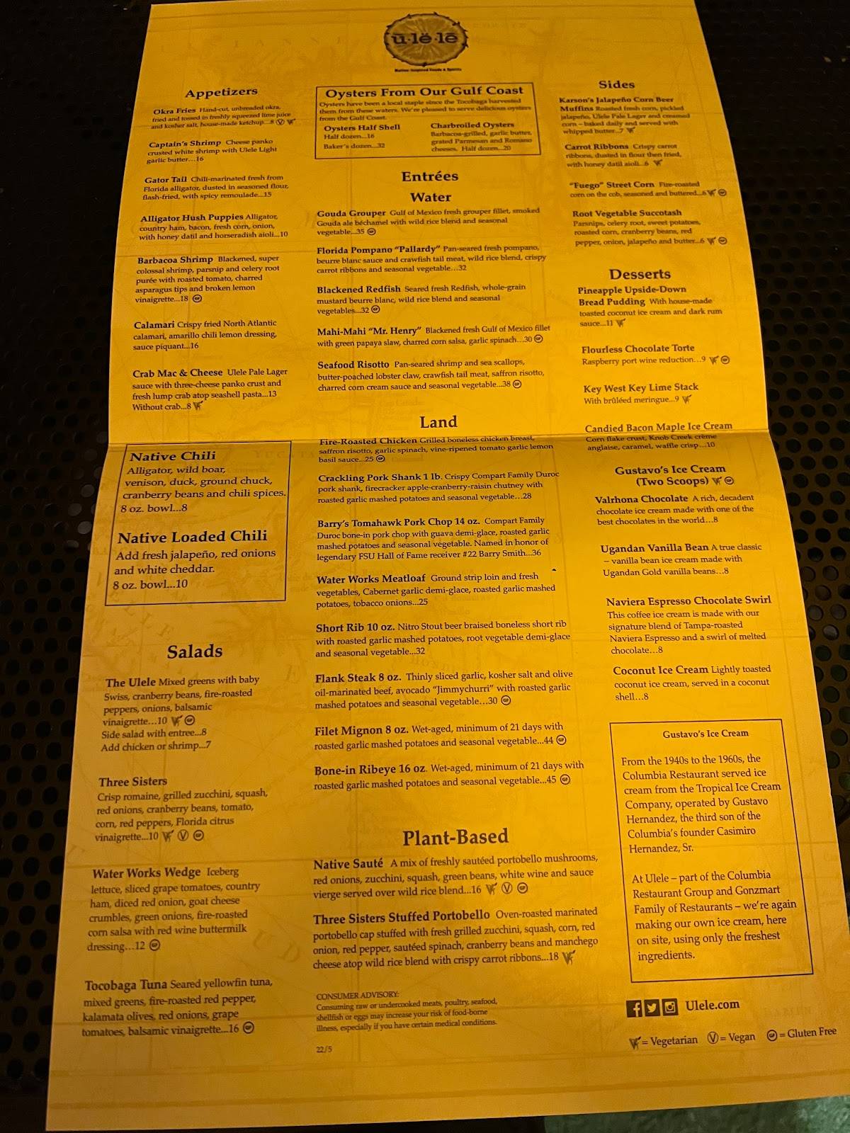 Menu at Ulele restaurant, Tampa, N Highland Ave