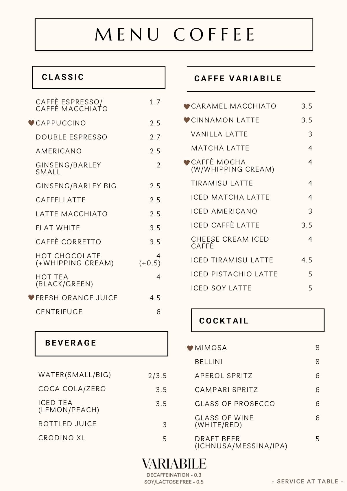 Menu di Variabile Drink & Food 