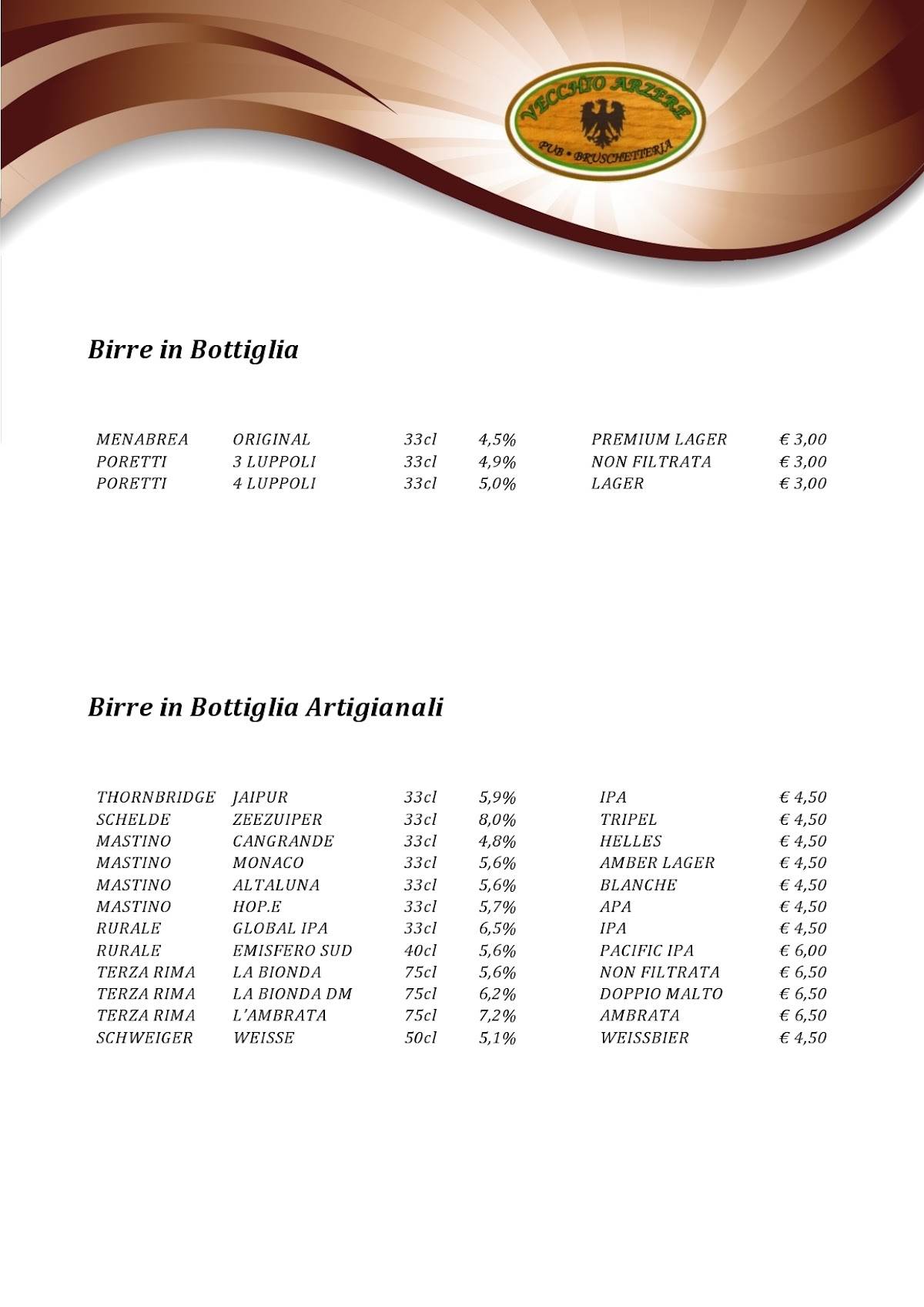 Menu di Vecchio Arzere Birreria 