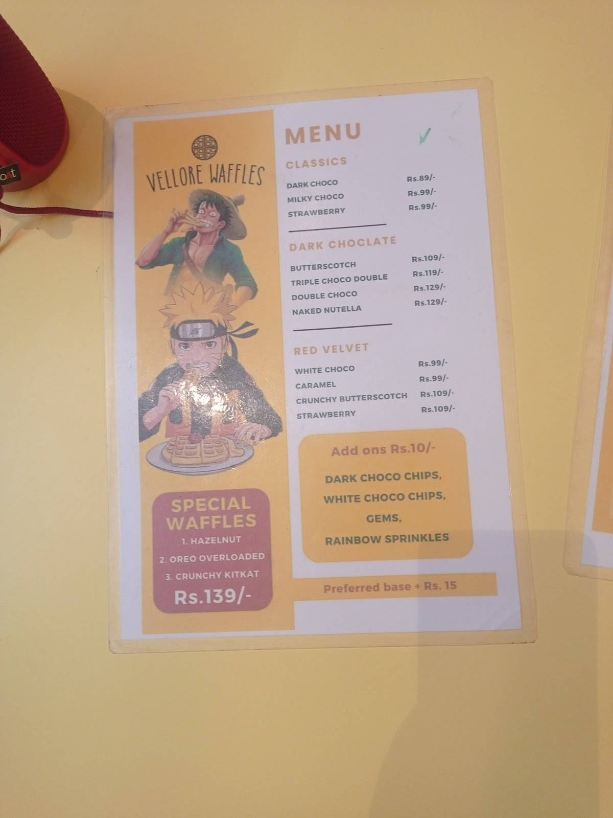 Vellore Waffles menu