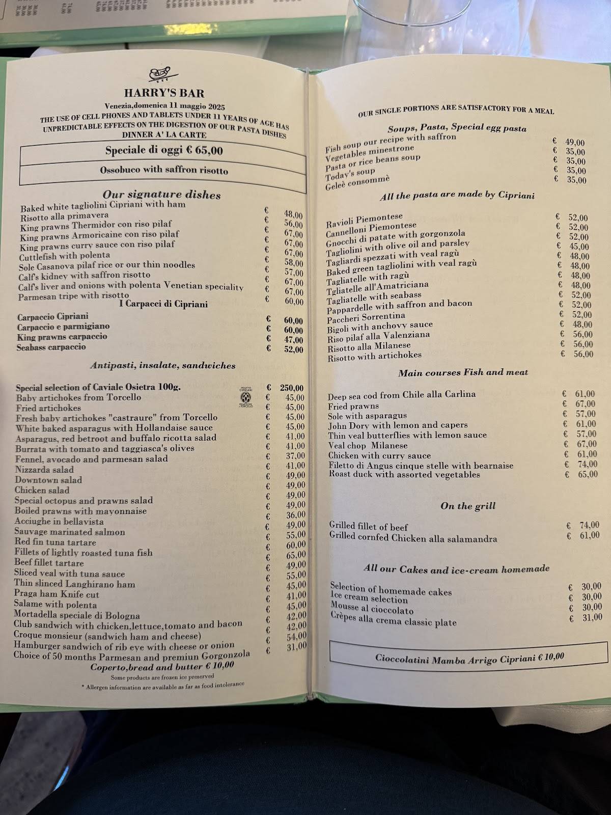 Menu di Harry's Bar 