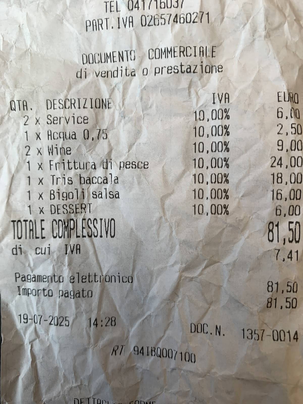 Menu de Osteria al Cicheto