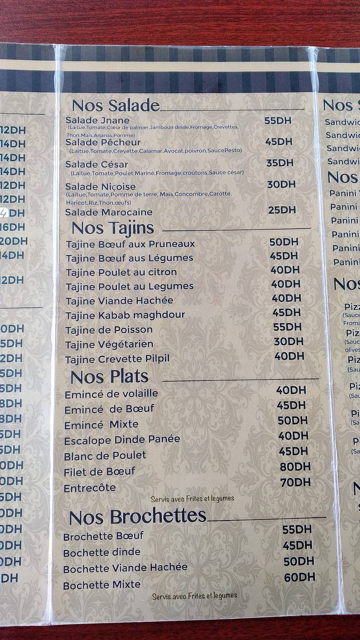 Menu de Villa Jnane