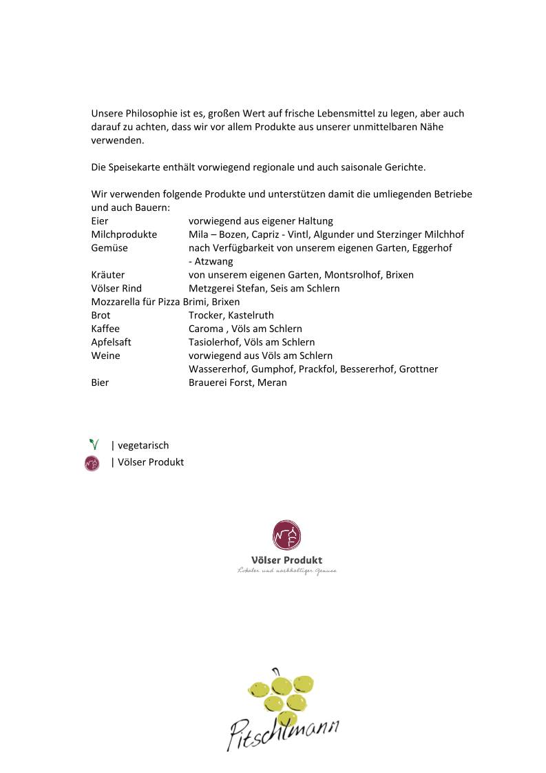 Menu di Ristorante appartamenti Pitschlmann 