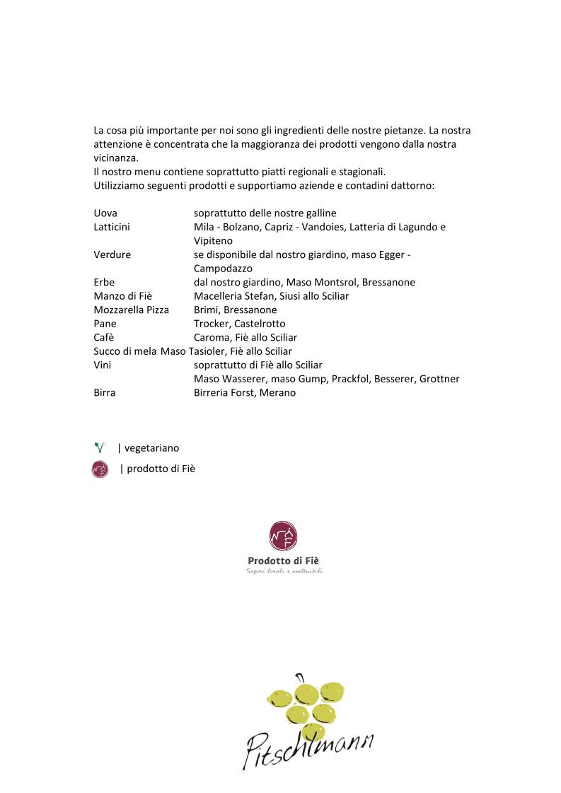 Menu di Ristorante appartamenti Pitschlmann 