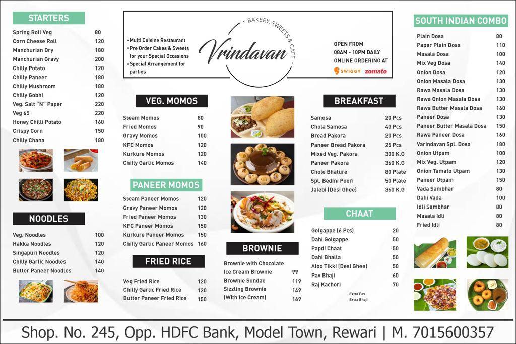 Vrindavan bakery, sweets & cafe menu