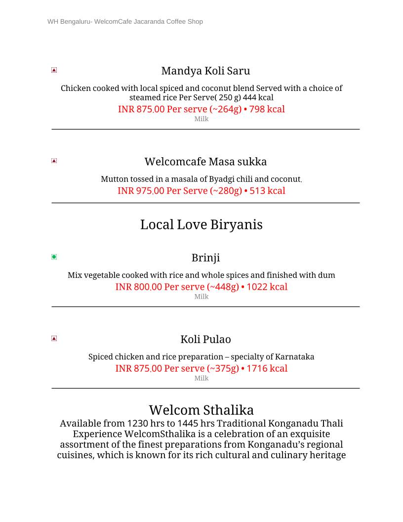 WelcomCafe, Jacaranda menu