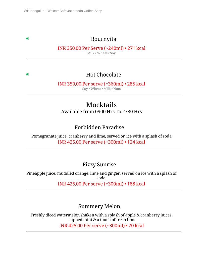 WelcomCafe, Jacaranda menu