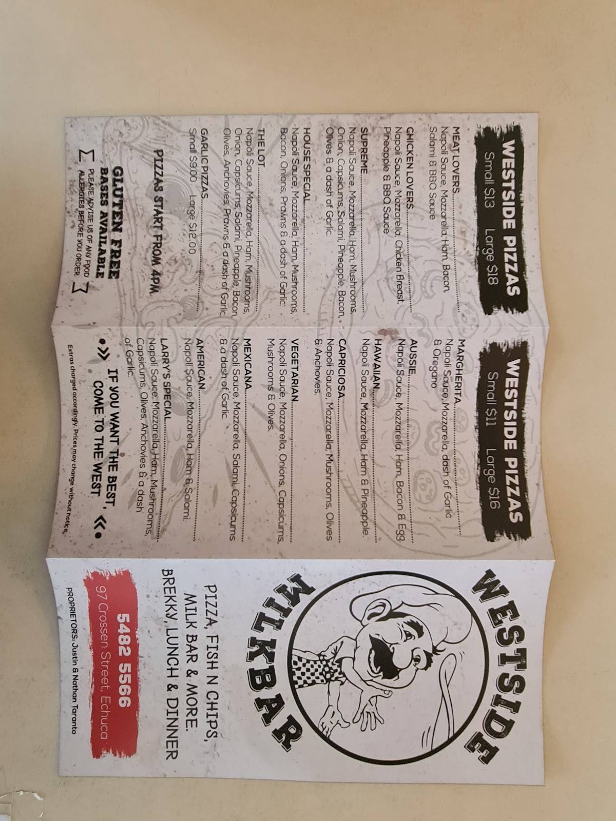 Menu at Westside Milkbar Take Away, Echuca