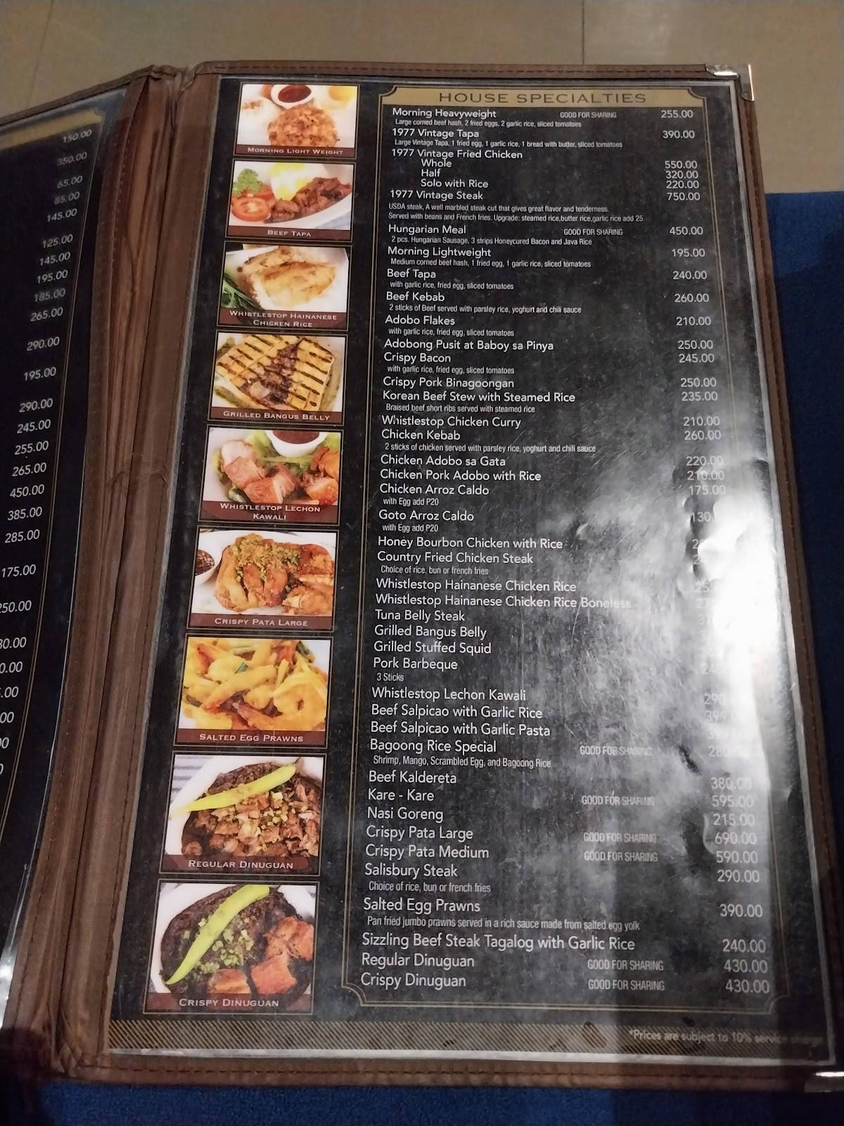 Menu at Whistlestop Valero restaurant, Makati, The Valero Tower