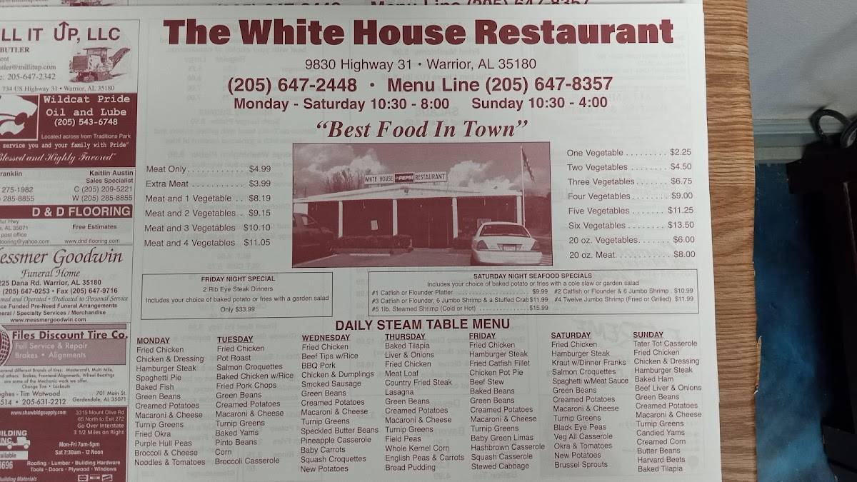 Menu at White House Restaurant, Warrior