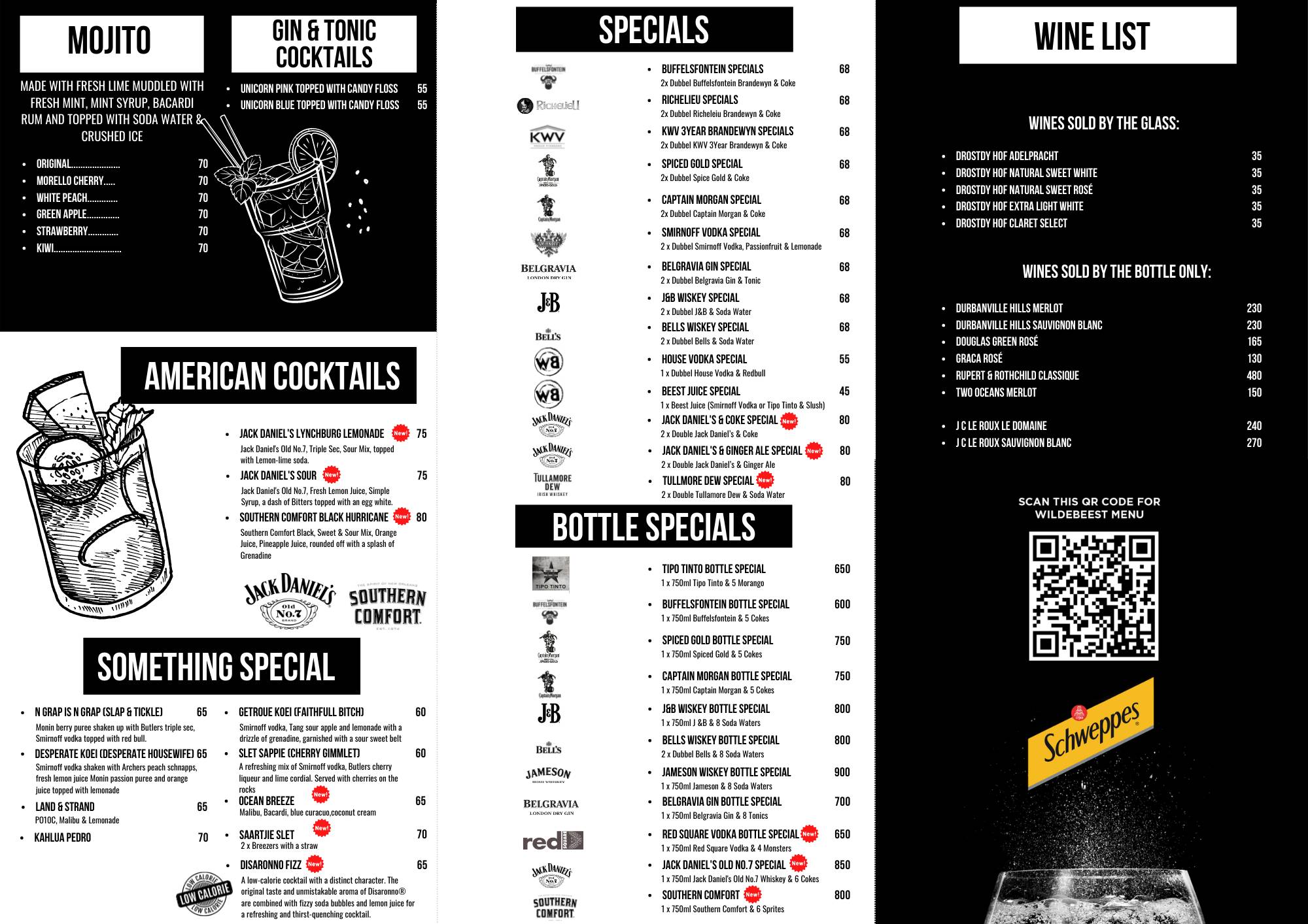 Menu at Wildebeest Live, Boksburg