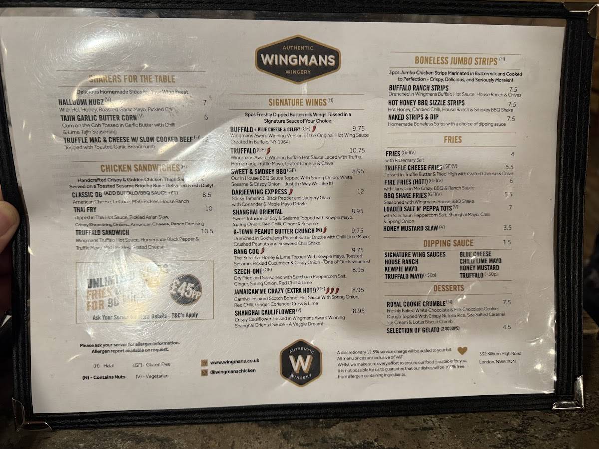 Menu at Wingmans restaurant, London, 332 Kilburn High Rd