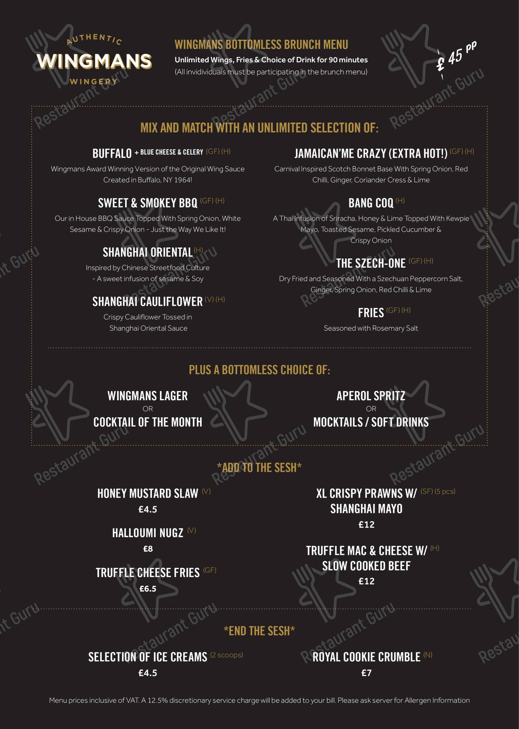 Menu at Wingmans restaurant, London, 332 Kilburn High Rd
