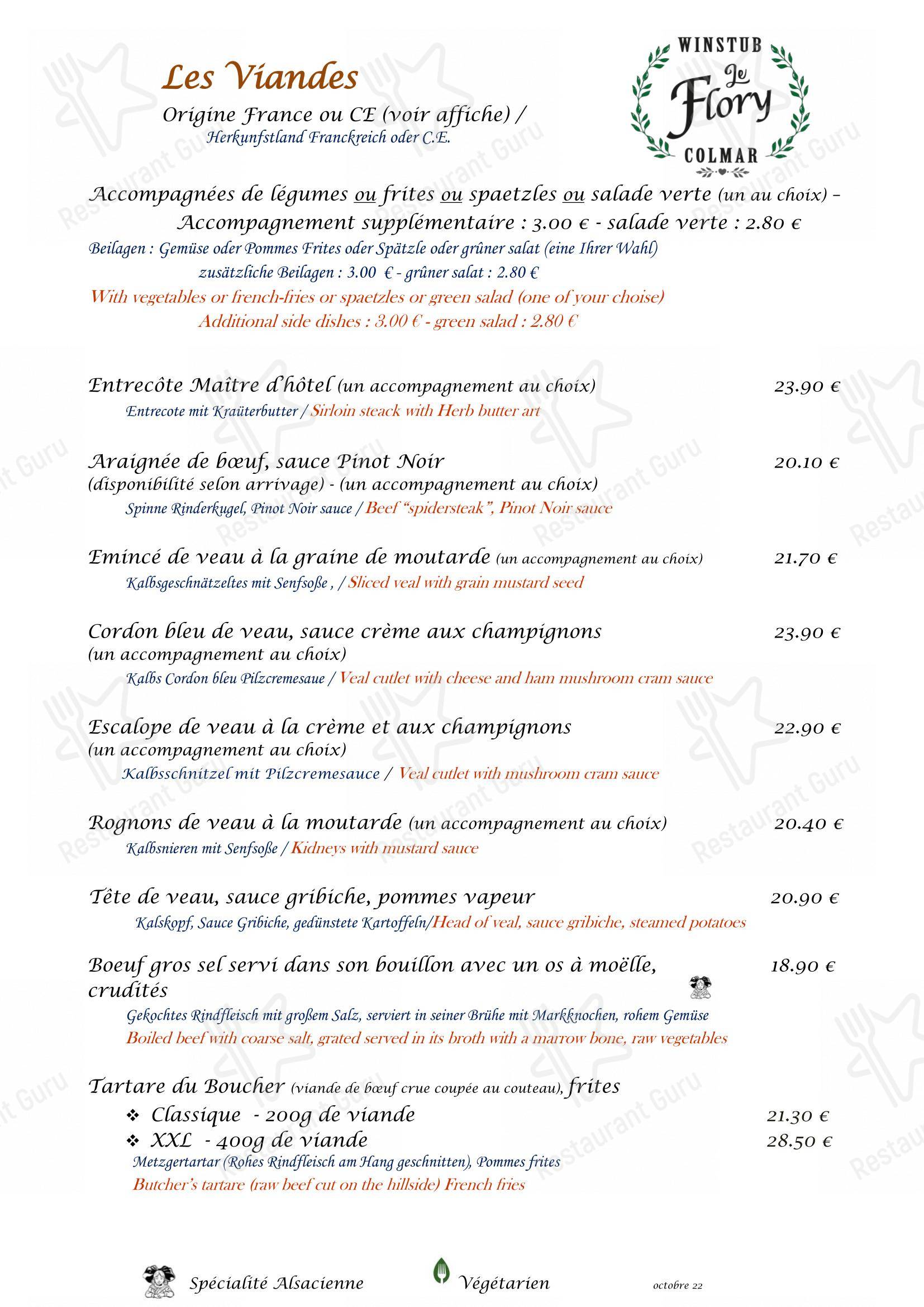 Menu pour Restaurant Winstub Flory restaurant