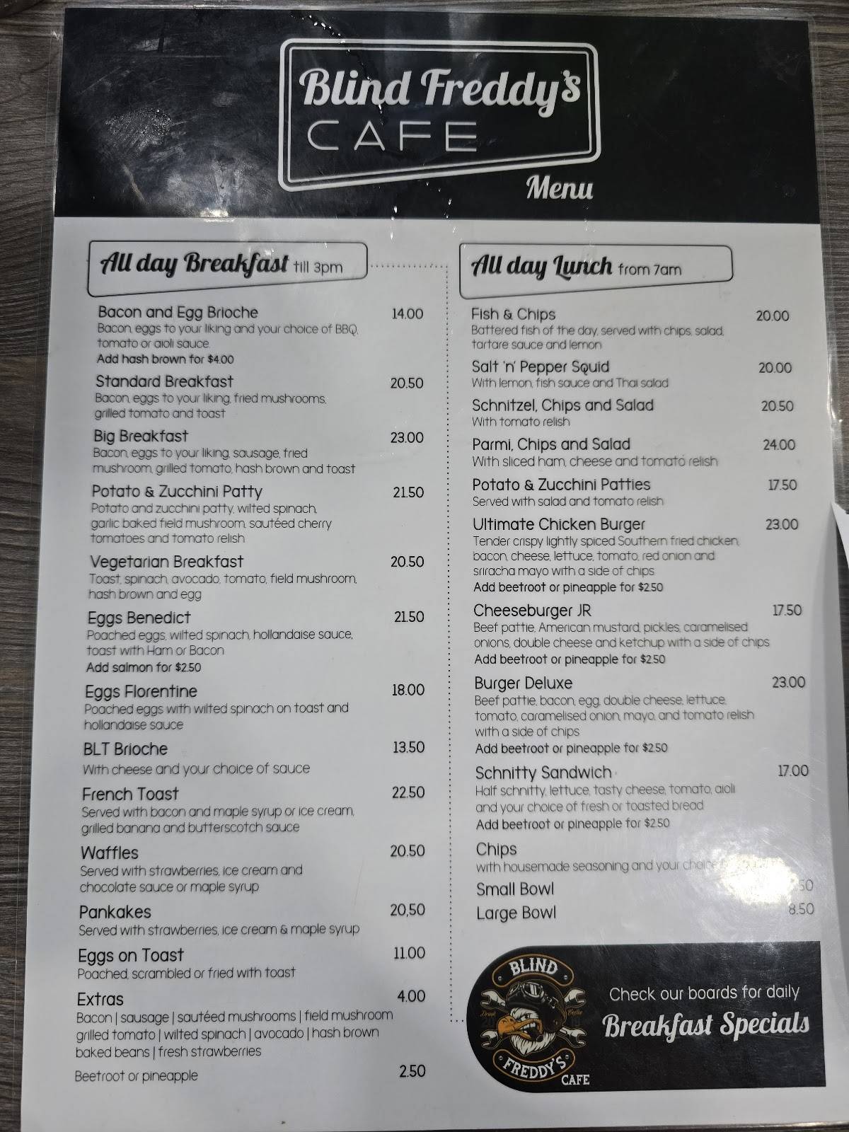 Menu at Blind Freddy's Cafe, Wodonga