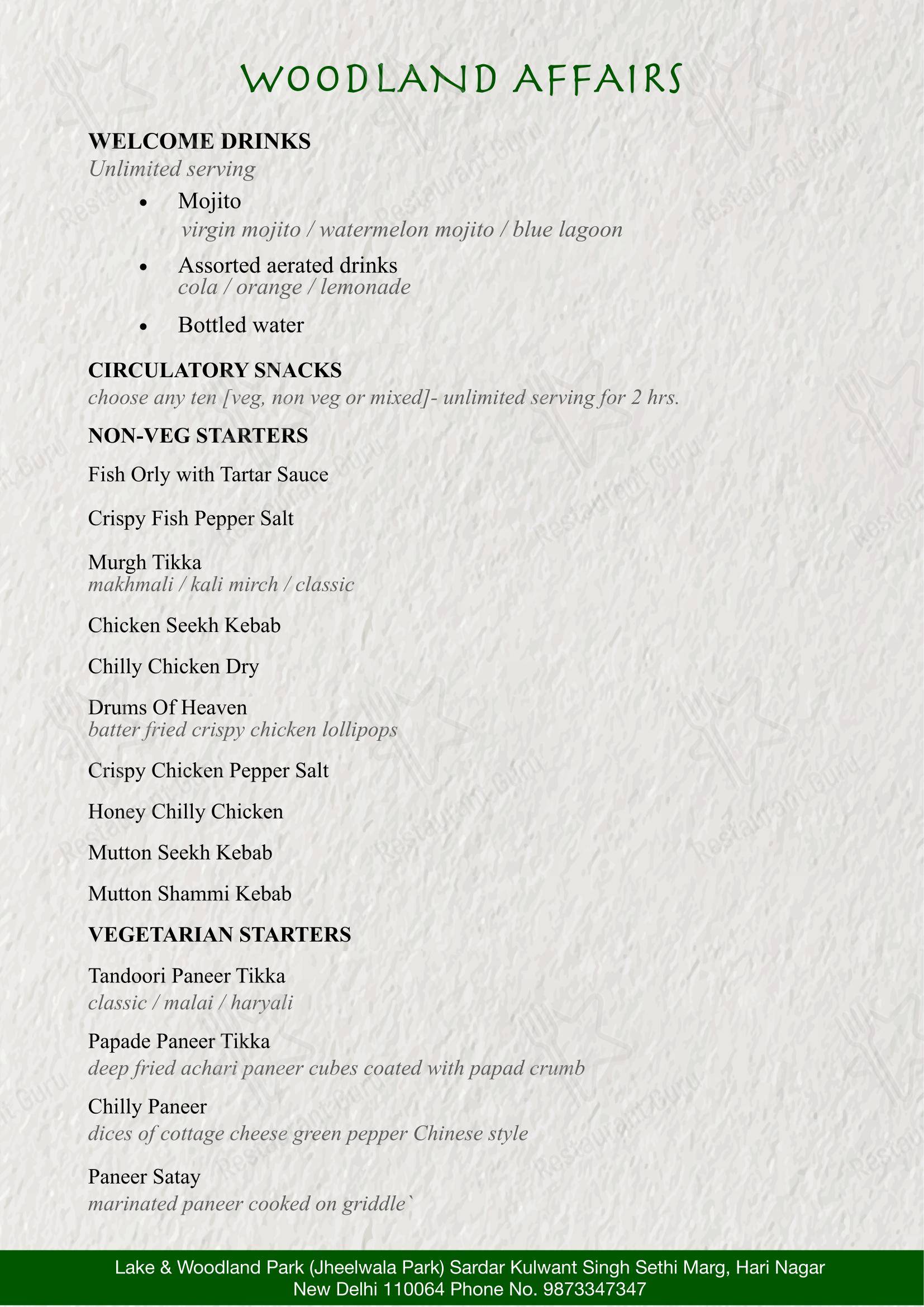 Menu for the Woodland Affairs restaurant