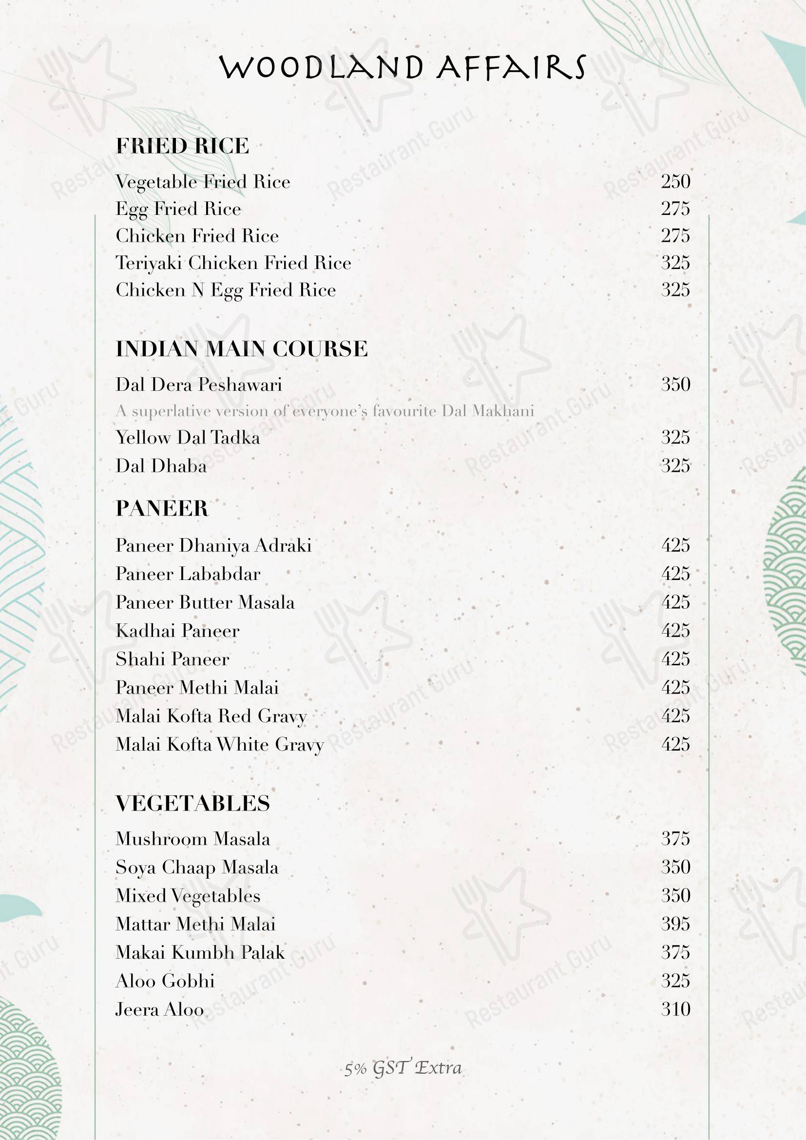 Основное меню for Woodland Affairs in New Delhi