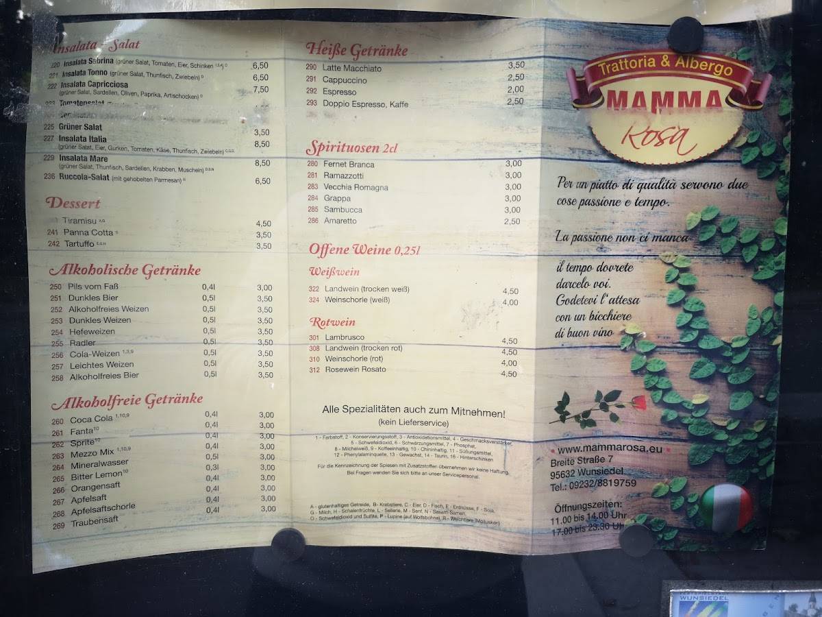 Speisekarte von Trattoria Mamma Rosa restaurant, Wunsiedel