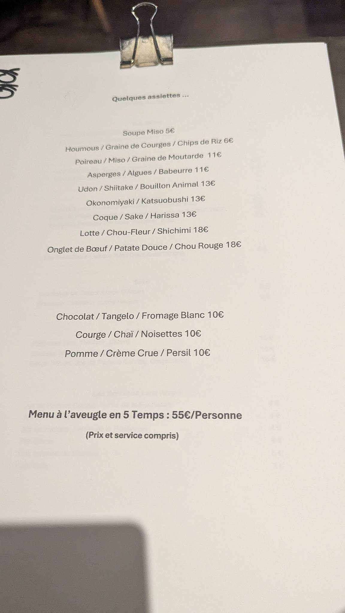 Menu de YOKO