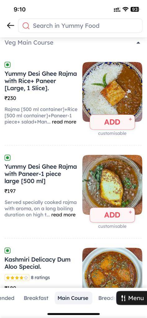 YUMMY FOOD menu