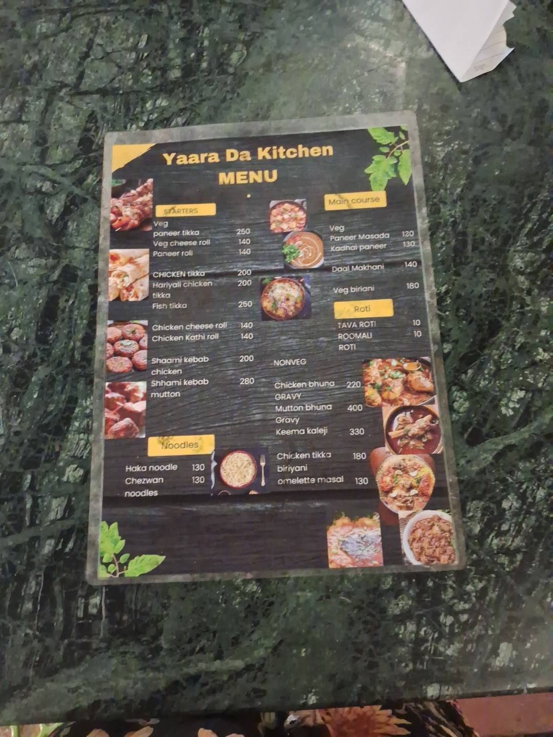 Yaara da Kitchen menu