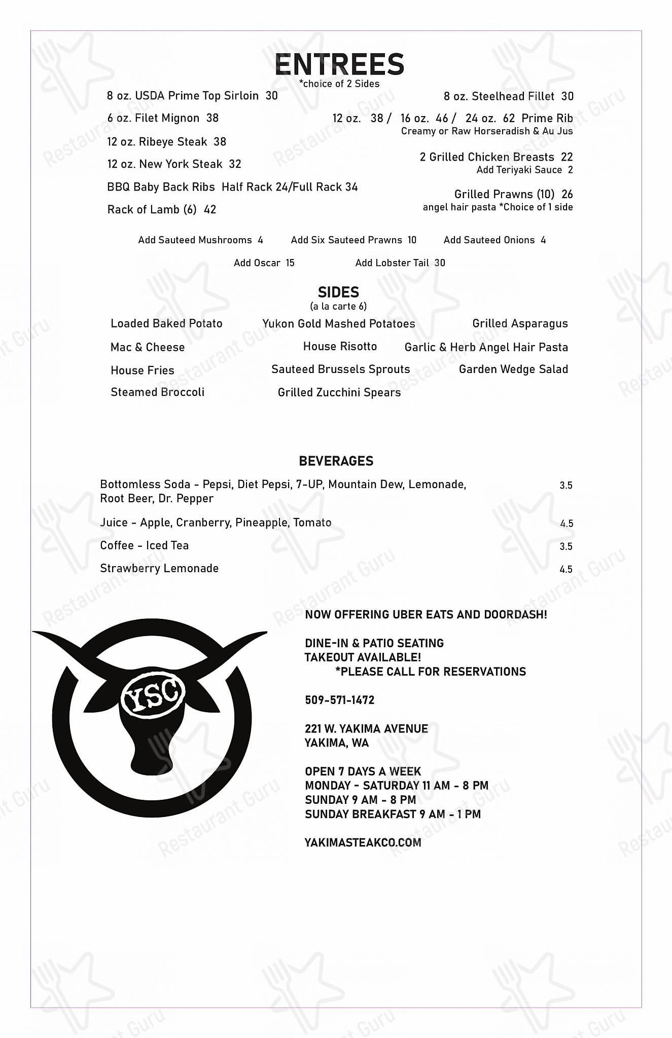 Menu at Yakima Steak Company steakhouse, Yakima
