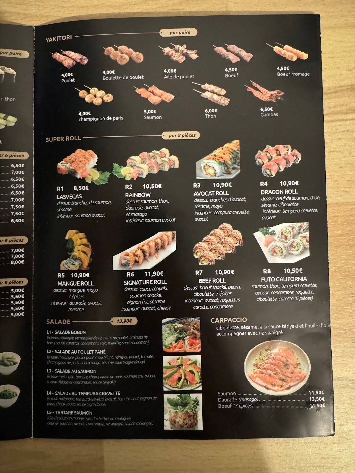 Menu de Yamato La Rochelle
