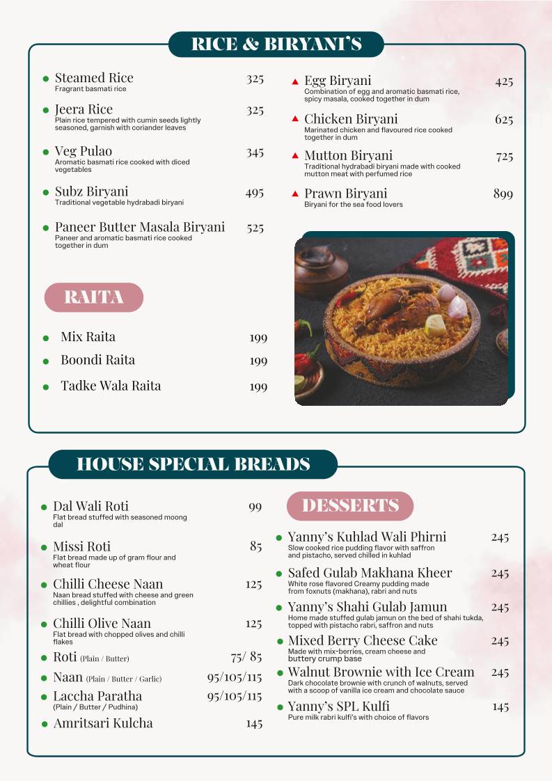 Yanny's Multi-cuisine Restaurant & Coffee House menu