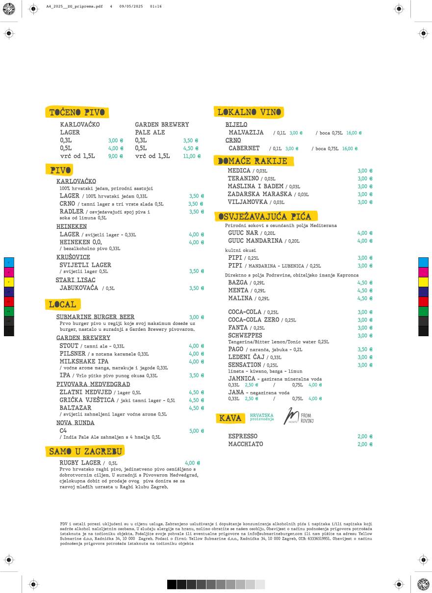 Menu di Submarine Burger Bogovićeva 