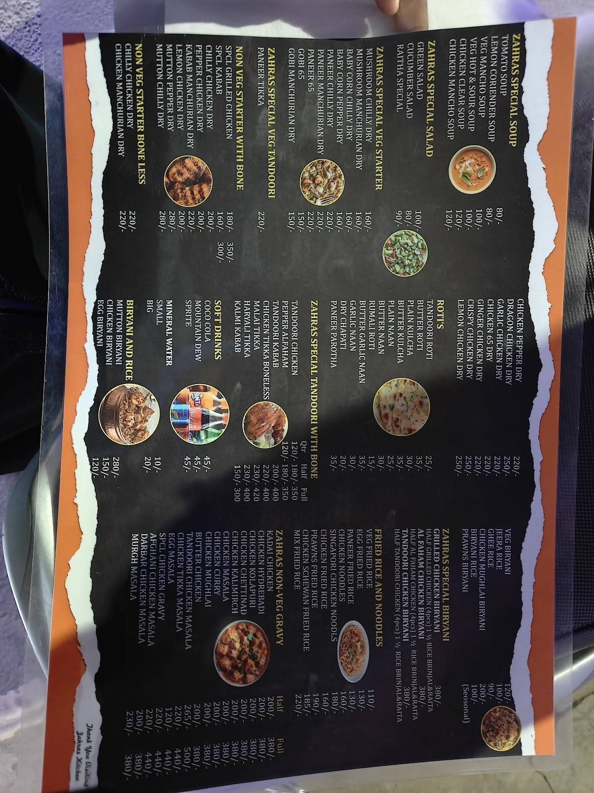 Zahra's kitchen menu