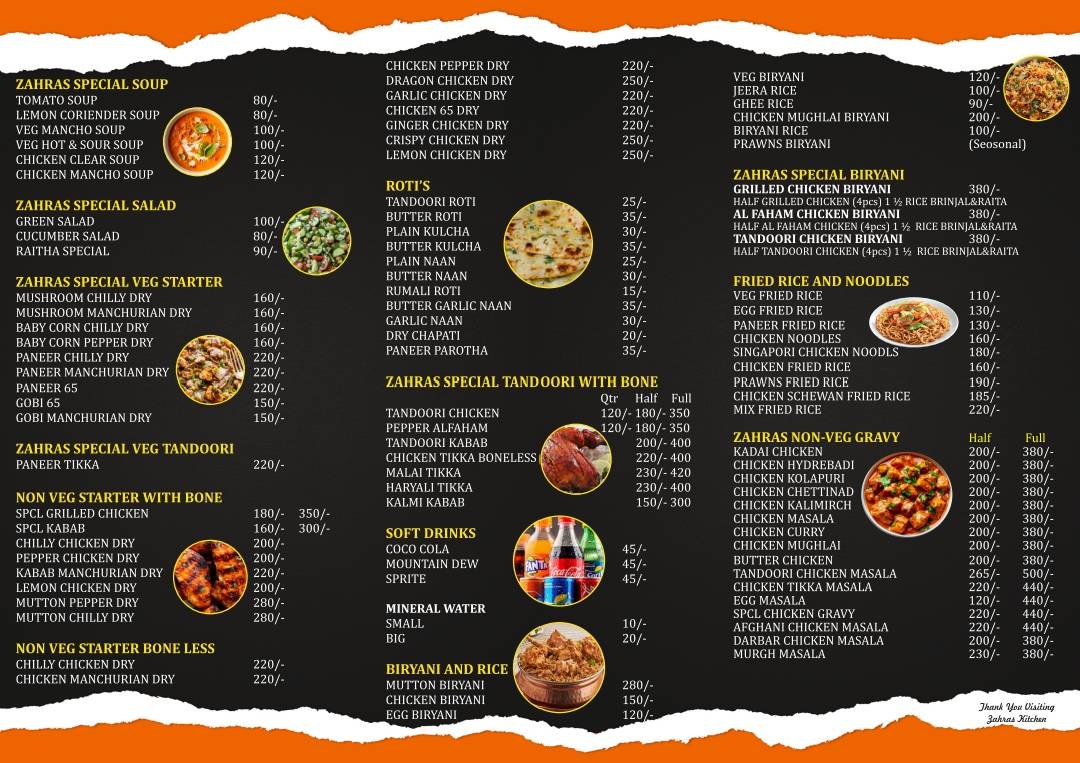 Zahra's kitchen menu