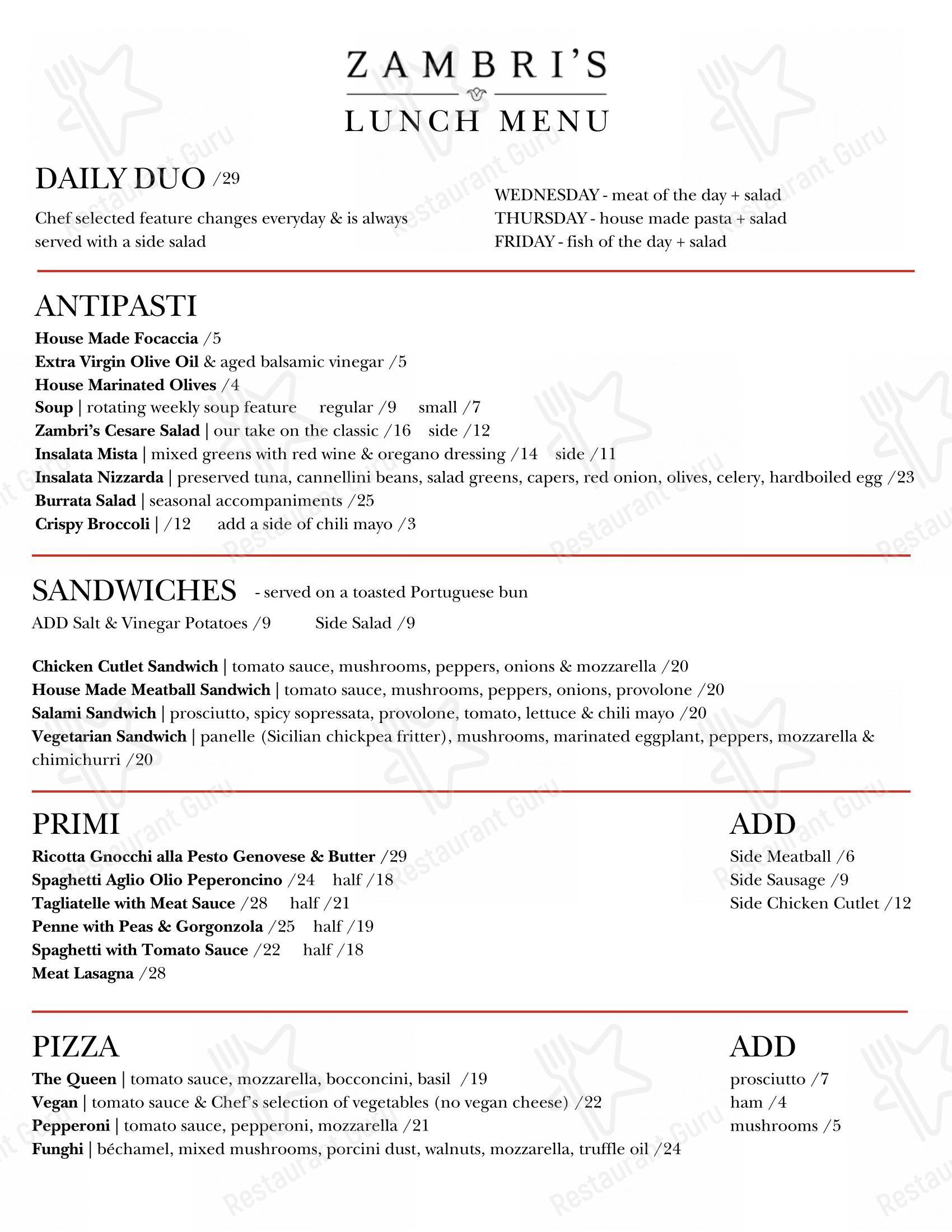 Menu bar pour Zambri's dans Victoria