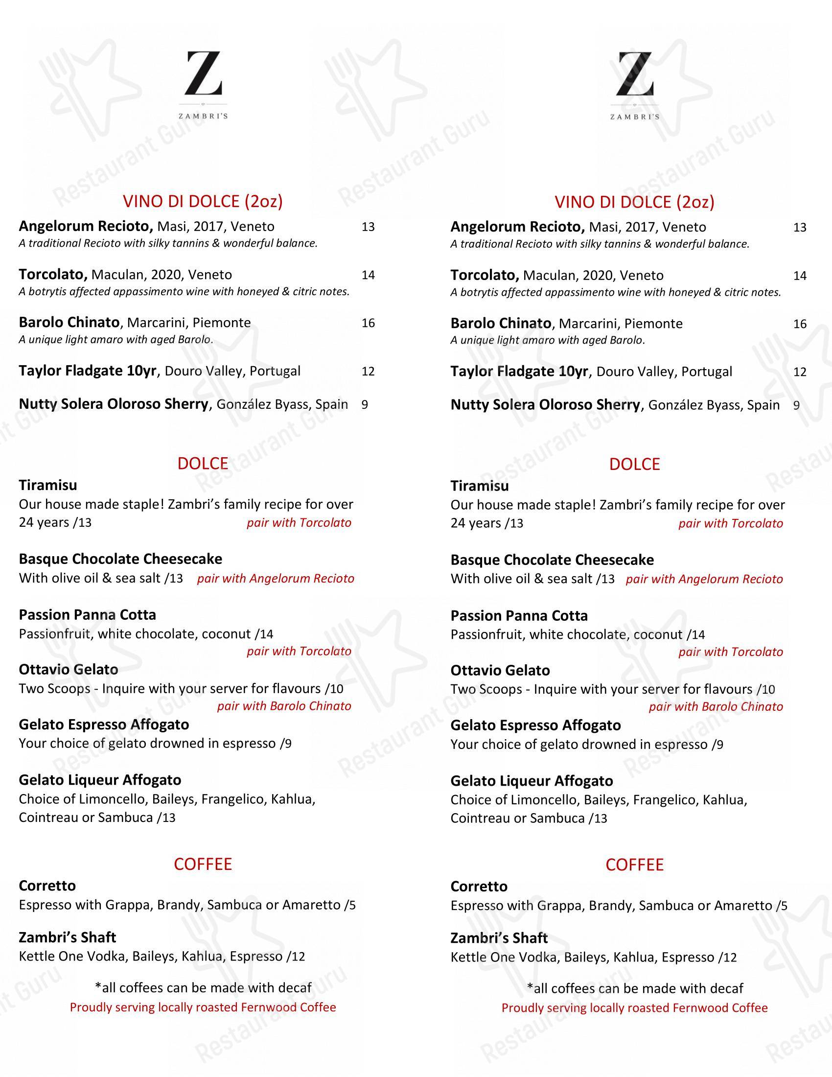 Menu pour Zambri's - Коктейльная карта