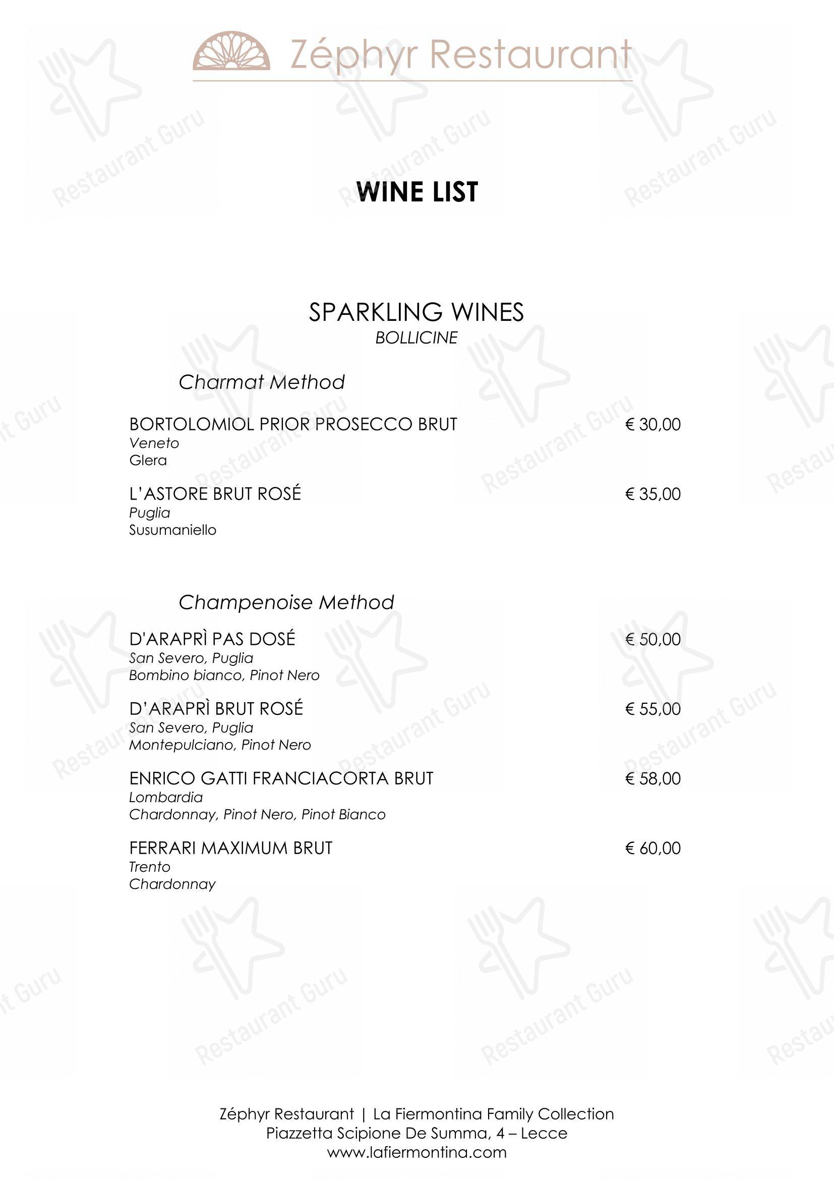 Menu per Zéphyr Restaurant ristorante