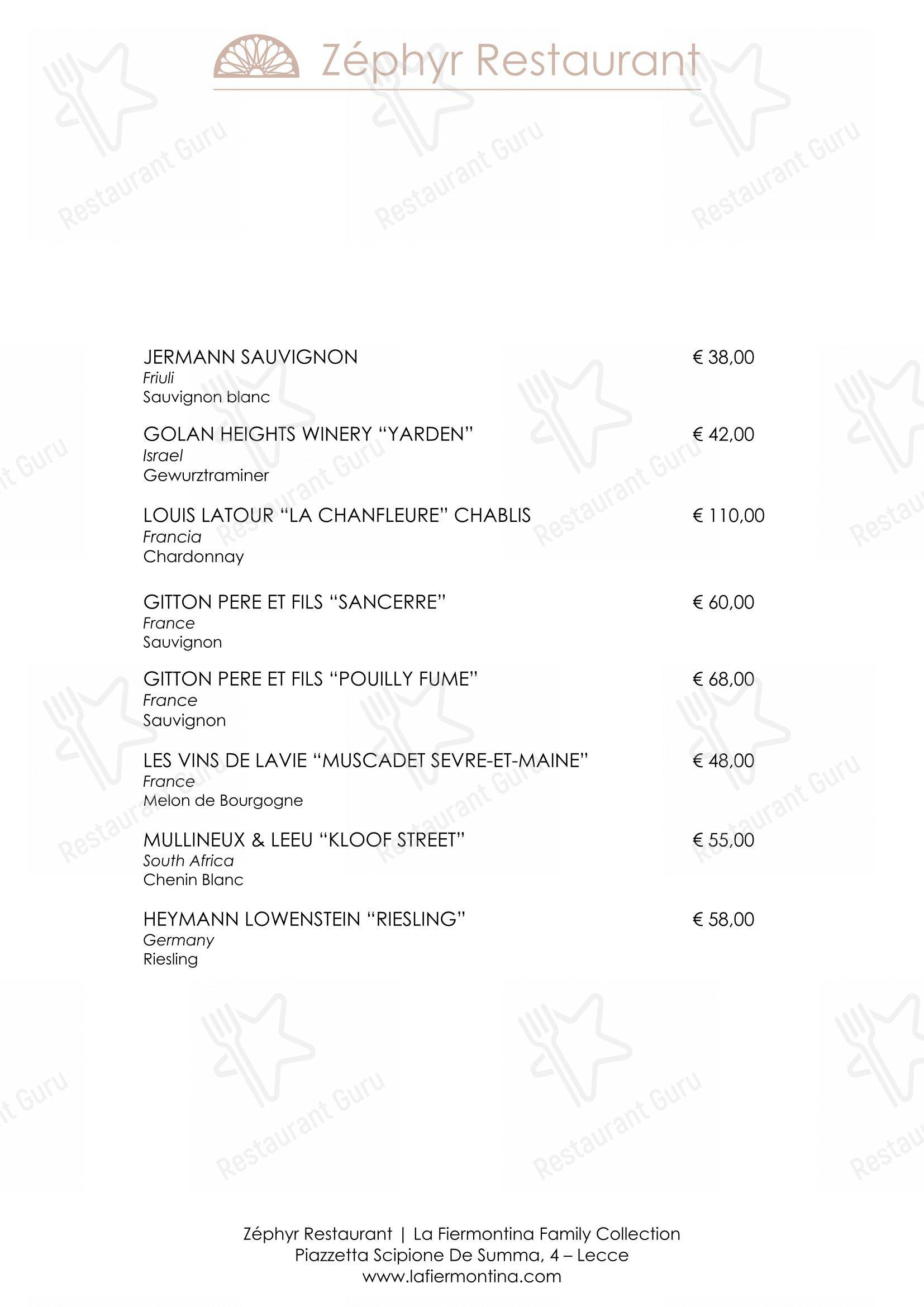 Zéphyr Restaurant in Lecce - Menu