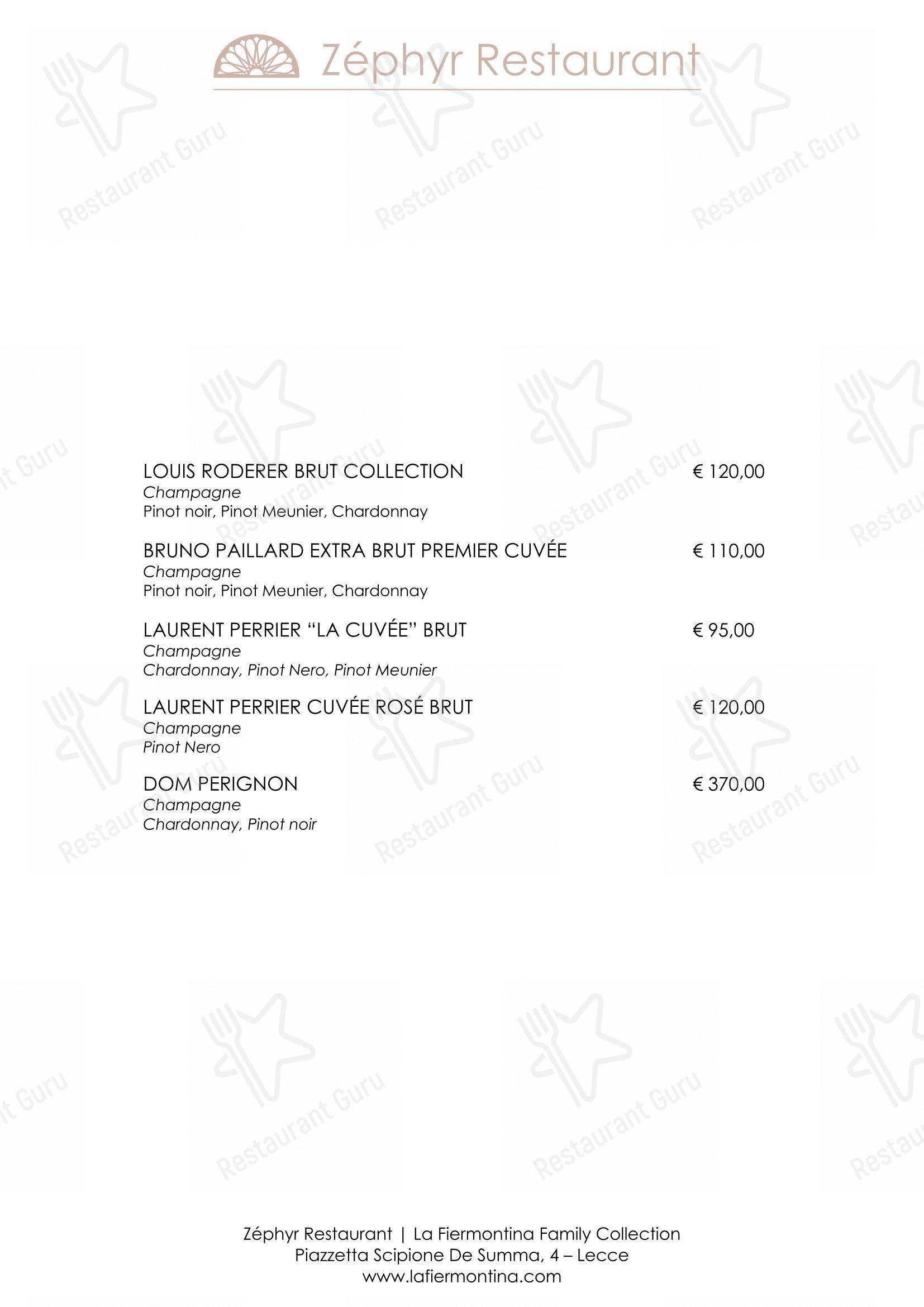 Menu per Zéphyr Restaurant ristorante