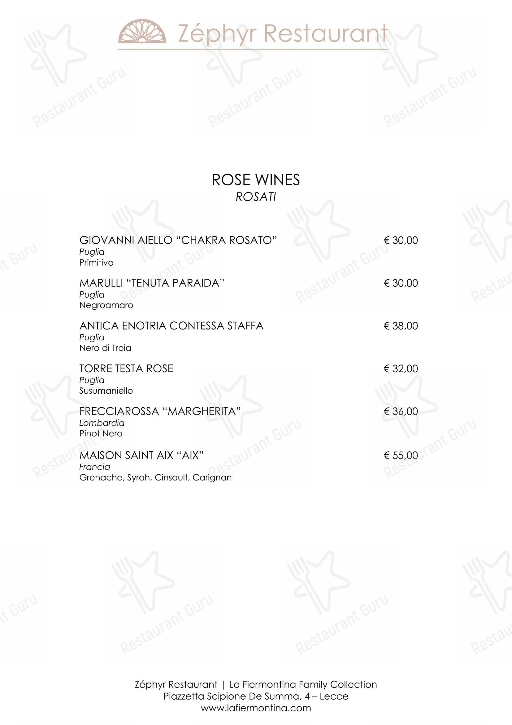 Menu per Zéphyr Restaurant in Lecce