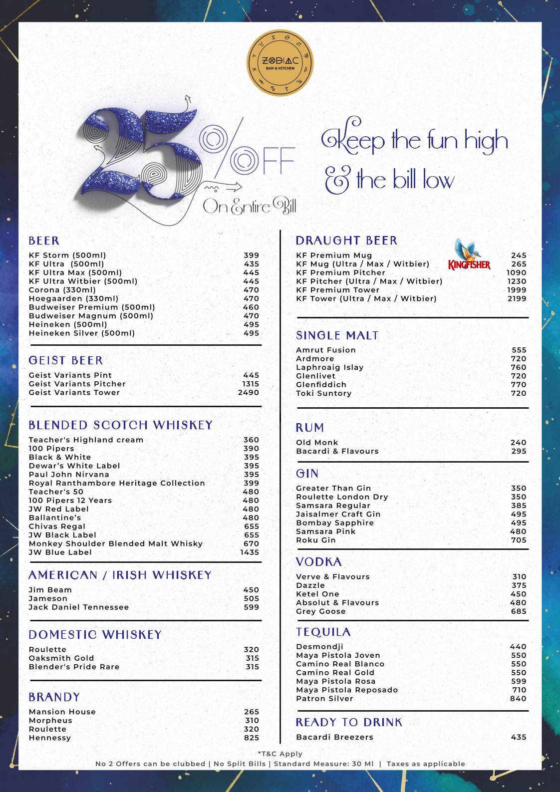 Zodiac Bar & Kitchen menu