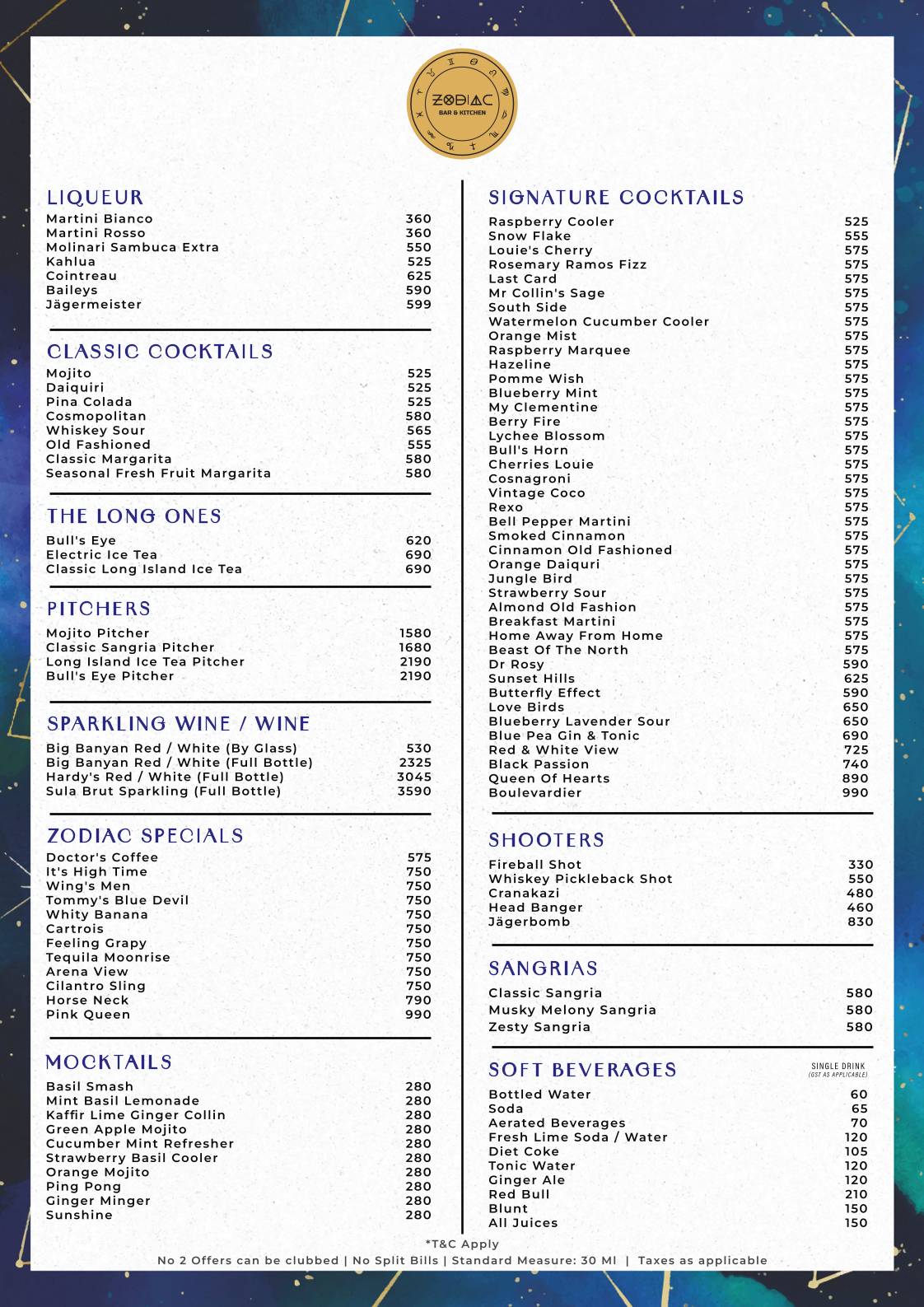 Zodiac Bar & Kitchen menu