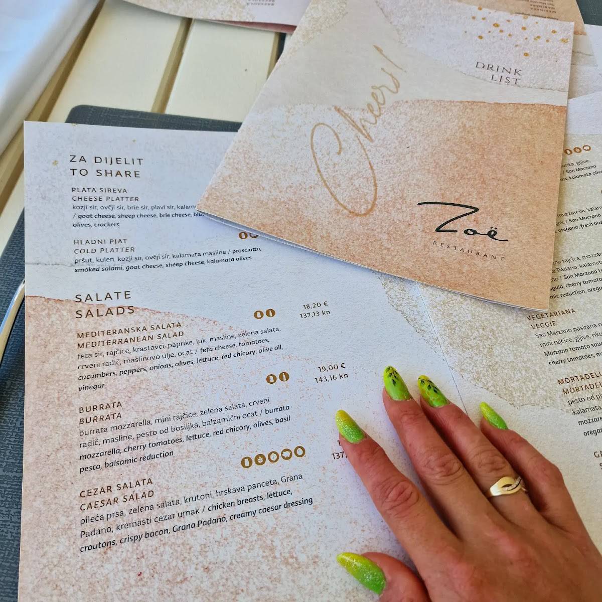 Menu at Zoe restaurant, Dubrovnik